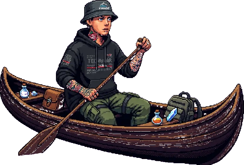 Kanoé en pixel art, pagayant dans son canoë